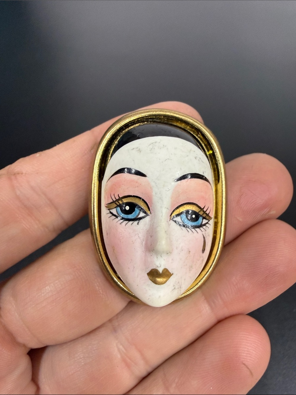 Hand-Painted Porcelain Face Brooch in Gold Tone